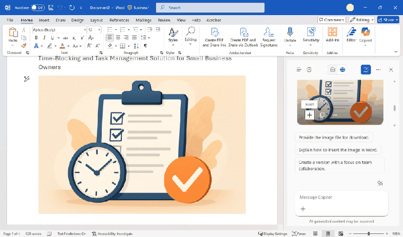 Screenshot showing a generated image being inserted from Microsoft 365 Copilot directly into Microsoft Word.
