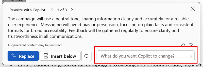 Screenshot showing the location of the What do you want Copilot to change prompt in Microsoft Word.