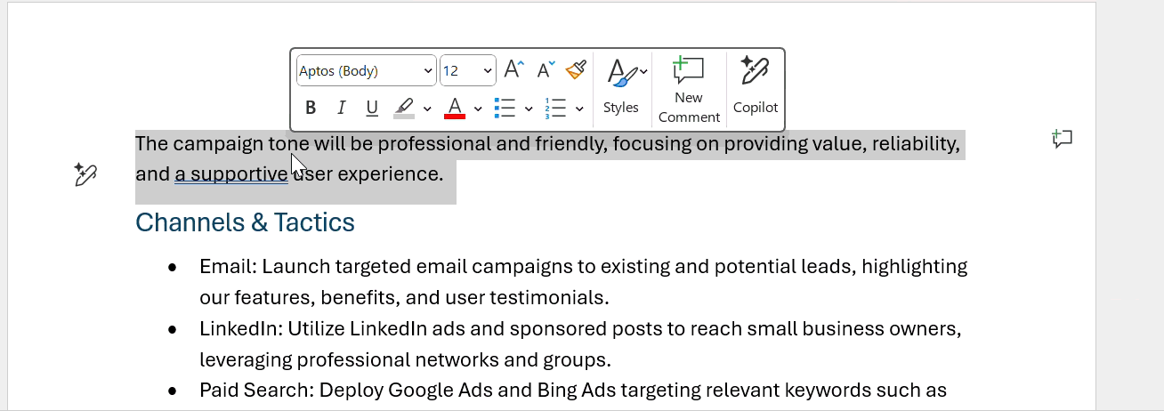 Animated GIF showing the Rewrite with Copilot experience in Microsoft Word.