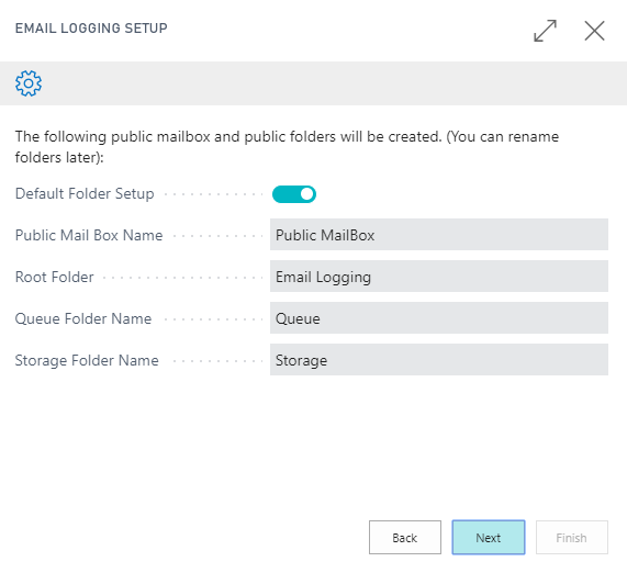Screenshot of the Email Logging Setup default settings for mailbox and folders.