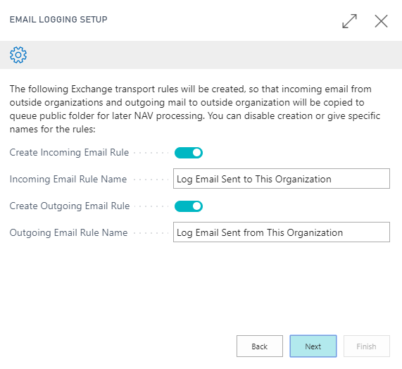 Screenshot of the Email Logging Setup default settings for incoming and outgoing rules.