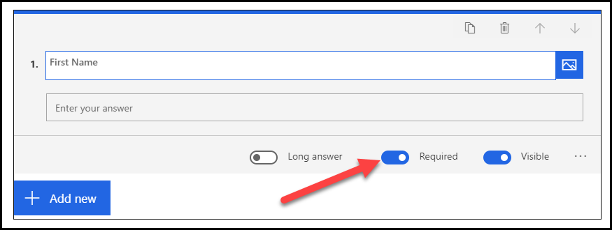 With First Name entered as the first question, an arrow points to the Required option, which is toggled on.