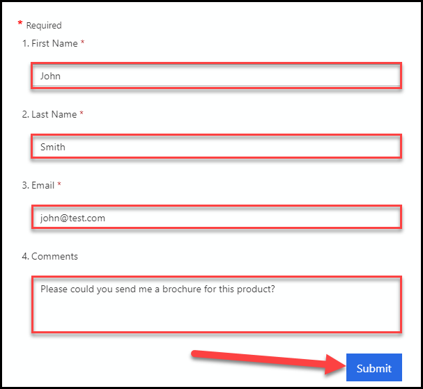 With values supplied for the four questions highlighted, and arrow points to the Submit button.