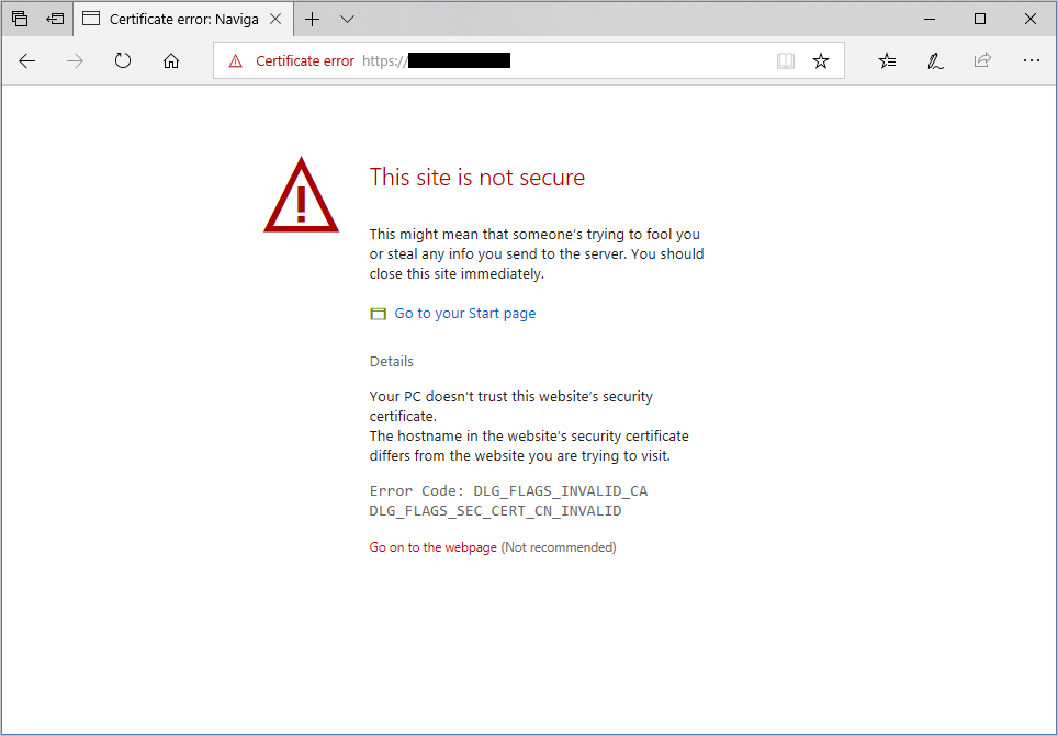 Screenshot of a warning about an unauthenticated server in Microsoft Edge.