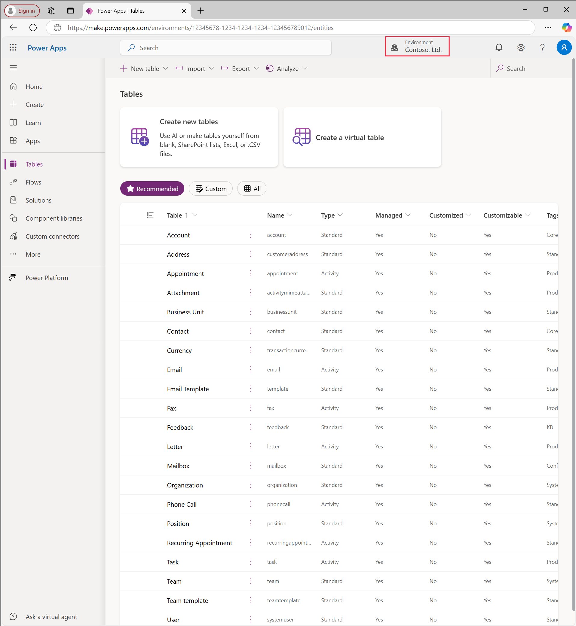 Screenshot of Power Apps home page.