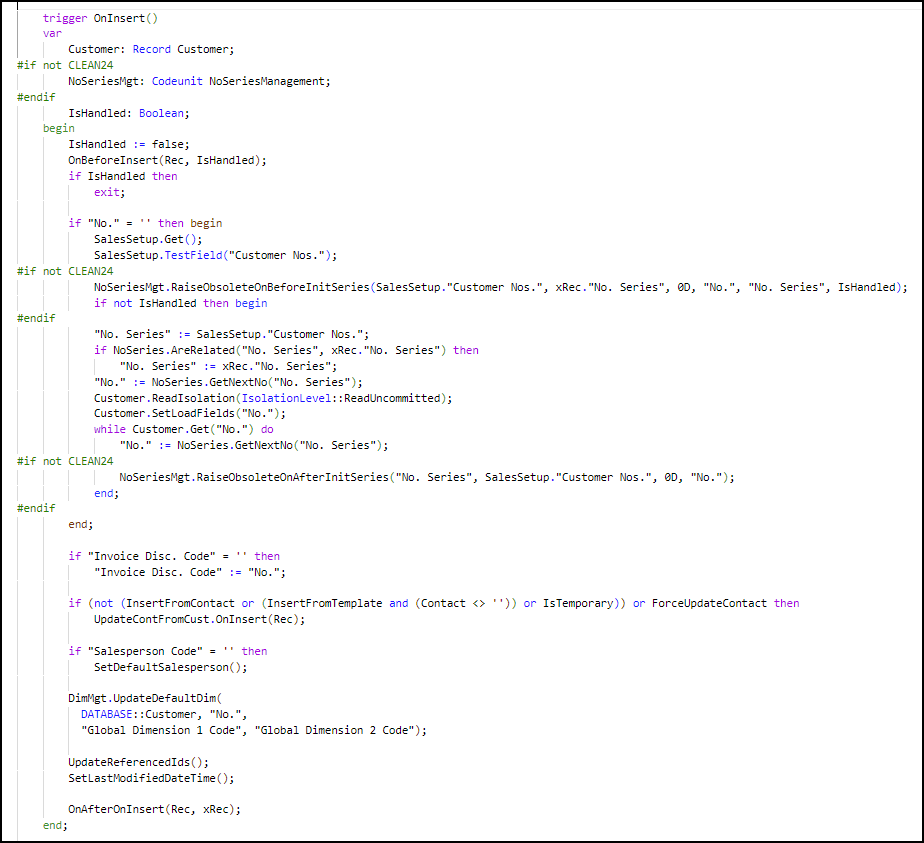 Screenshot of an example of an OnInsert trigger on the Customer Table.