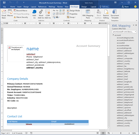 Screenshot of a Word template that is being used with Dynamics 365.