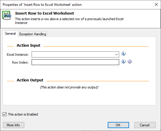 Screenshot of Properties of 'Insert Row to Excel Worksheet' action dialog.