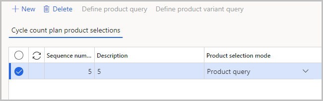 Screenshot of the cycle count plan product selections.