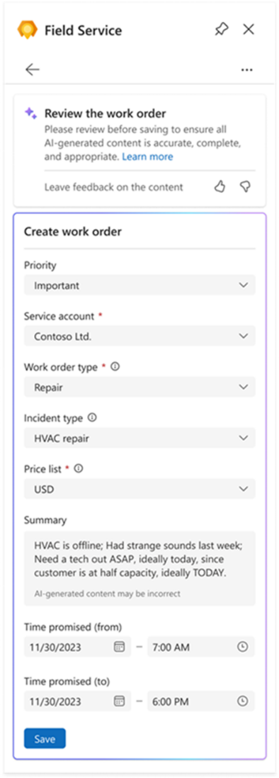 Screenshot of the work order created by Copilot in Field Service for review.
