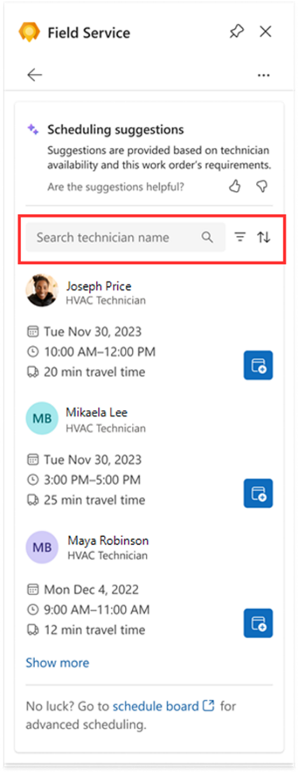 Screenshot of the screen of how to schedule a technician for a work order directly from Outlook.