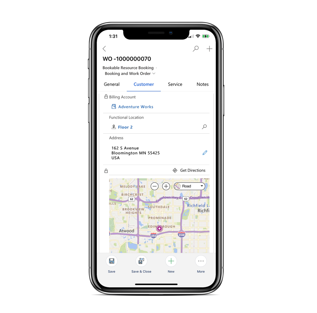 Screenshot of location information in the Dynamics 365 mobile app, including address and map.