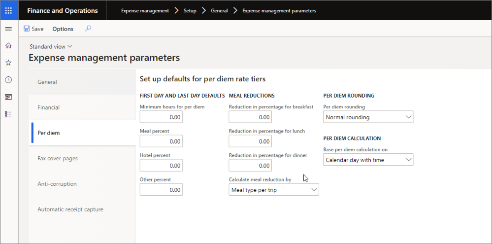 Screenshot depicts the Expense management parameters page. You can set up defaults for per diem rate tires. You can set up first day and last day defaults: minimum hours for per diem, meal percent, hotel percent, and others. The page also allows you to set up meal reductions for breakfast, lunch and dinner, and choose how meal reduction is calculated. In this example, meal reduction is calculated by meal type per trip. You can also choose the type of per diem rounding, for example normal rounding, and what to base per diem calculation on, for example calendar day with time.