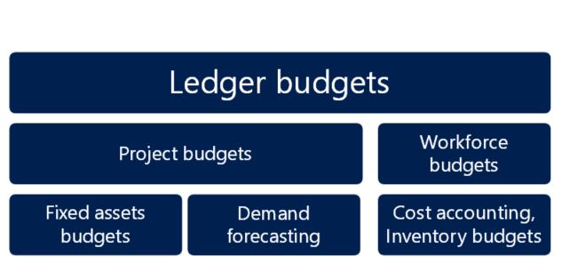 Diagram depicts available budgeting tools: ledger budgets, workforce budgets, fixed assets budgets, project budgets, and demand forecasting.