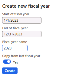 Screenshot depicts the how to create the new year in the fiscal calendar.