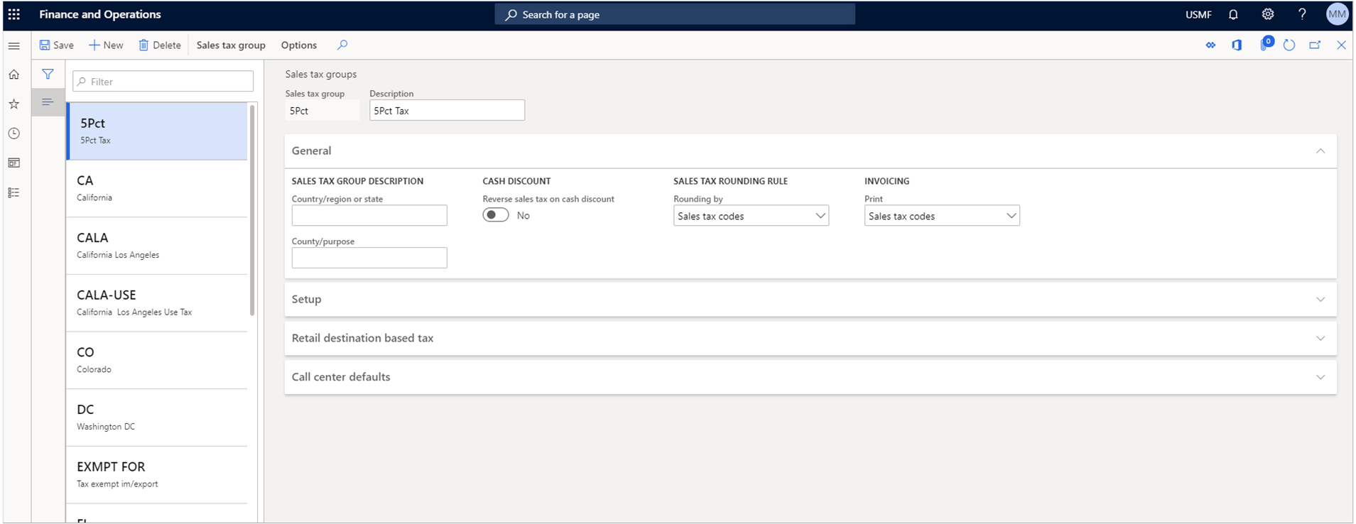 Screenshot depicts the Sales Tax Groups view. For each sales tax group you can set parameters in the Genera, Setup, Retail destination based tax, and Call center defaults tab. Under the General tab, you can set the country, region or state, the purpose, reverse sales tax on cash discounts, the rounding rule, and what to print when invoicing. In our case, rounding is done by sales tax codes. The Print option is also set to Sales tax codes.