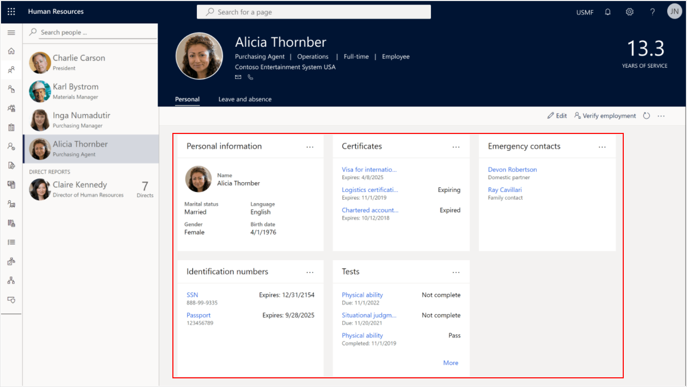 A screenshot of an employee's self-service workspace that shows her upcoming expiring certificates and other pertinent information.