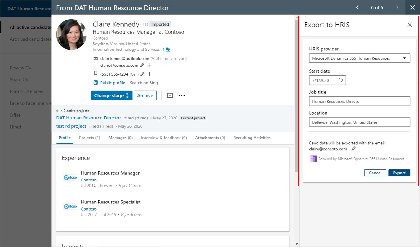 Screenshot depicts the export to HRIS screen in Human Resources used to  export the candidate record from LinkedIn Talent Hub after a candidate has moved through the recruiting process and has been hired.