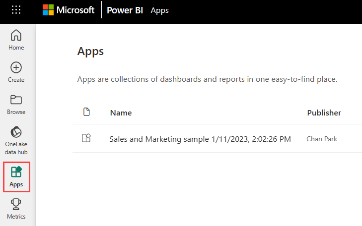 Screenshot of the Power B I Apps tab and page.