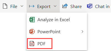 Screenshot of the Power B I Export menu expanded and the PDF option highlighted and Export with Current Values selected.