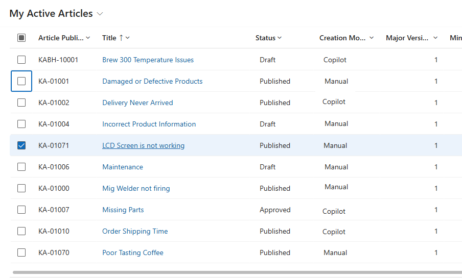 Screenshot that shows the different knowledge articles available.