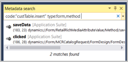 Screenshot of metadata search in Visual
Studio.