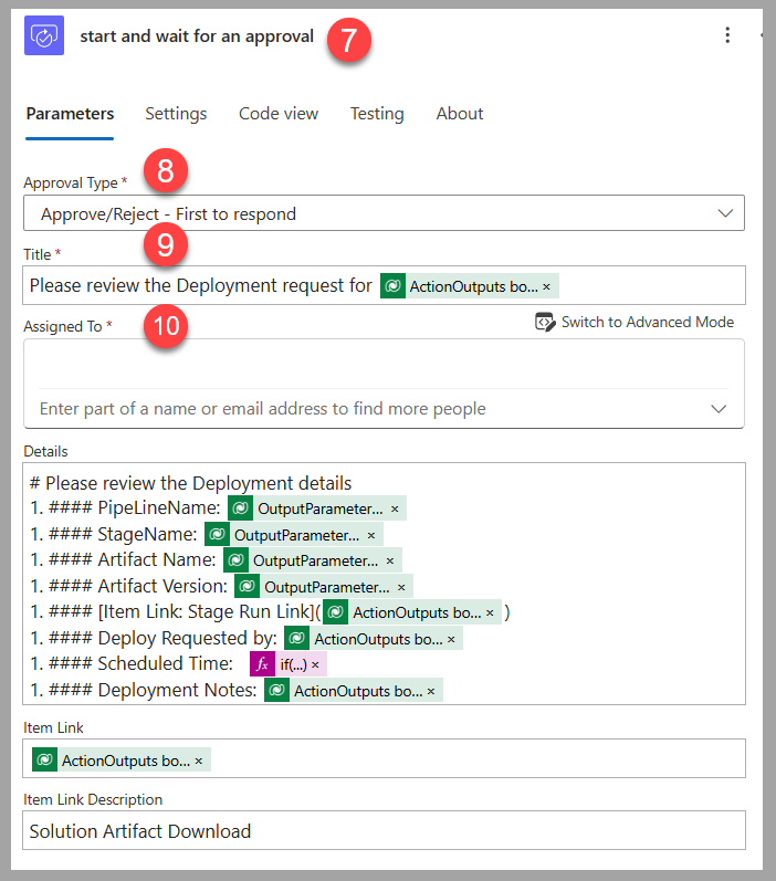 Screenshot of the approval action, showing the Approval Type, Title, and Assigned To parameters filled in.