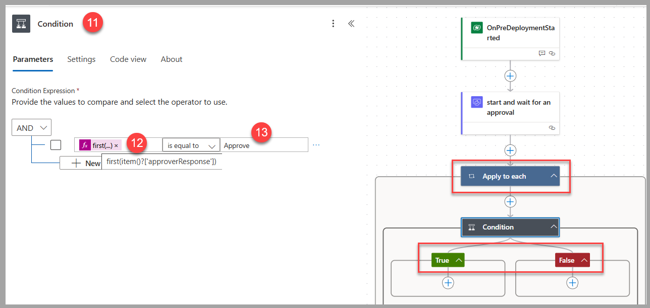 Screenshot of the condition action, showing the values and the True and False branches added to the flow.