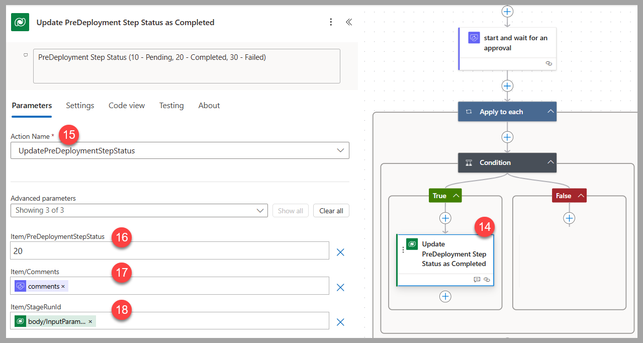 Screenshot of the unbound action showing advanced parameters filled in.