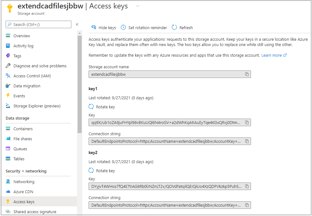 Screenshot of the Access keys option under Security + settings.