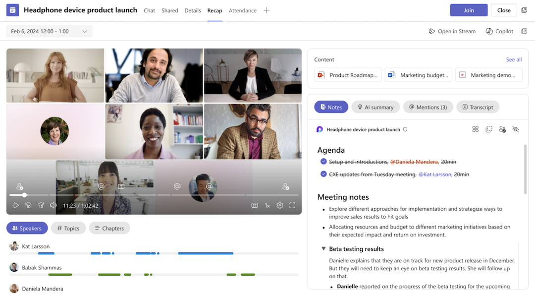 A screenshot of a Microsoft Teams meeting recap displaying AI-generated notes, agenda items, discussion summaries, and meeting activity for review after the meeting.