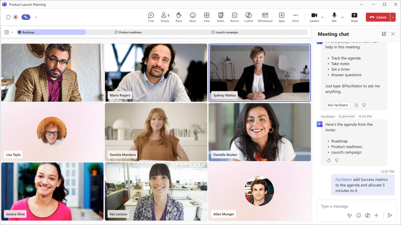 A screenshot of a Microsoft Teams meeting showing Facilitator helping participants manage the agenda, capture notes, and respond to meeting-related requests in the meeting chat.
