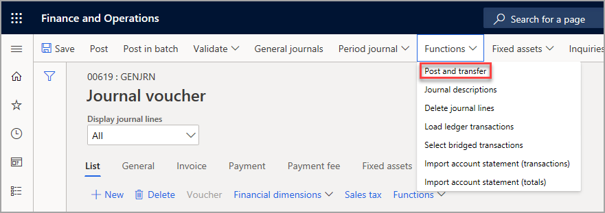 Screenshot of the Journal voucher page highlighting the Post and transfer selection.