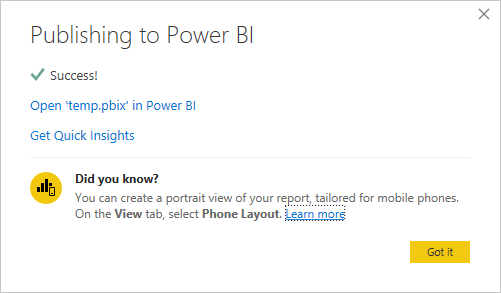 Screenshot of the Publishing to Power BI success message.
