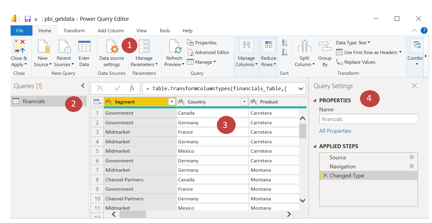 The four areas of the Power Query Editor screen.