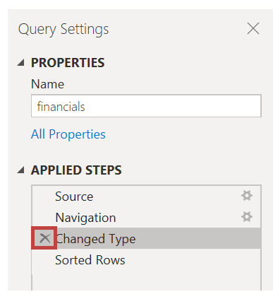 Screenshot of how to remove steps from the Applied Steps section.