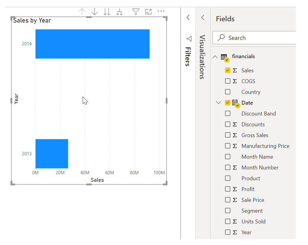 Screenshot of the Fields pane and the Report view canvas.