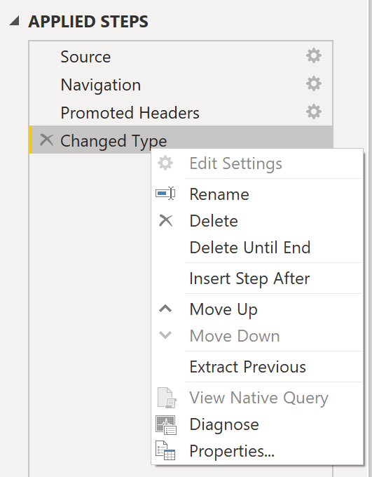 Screenshot of the last applied step right-clicked to show the context menu.