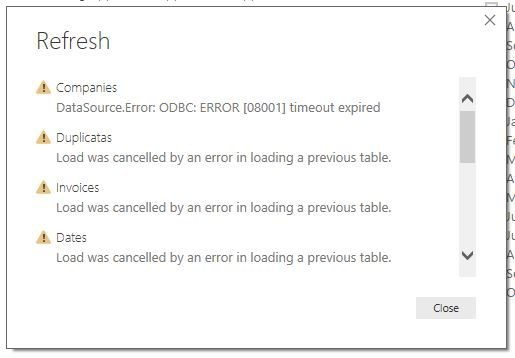 Screenshot of the data import errors for query timeout.