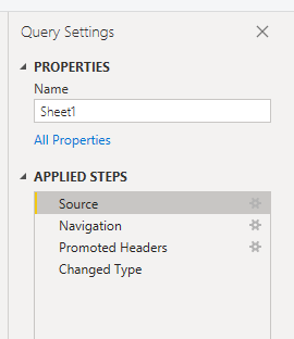 Screenshot of the query settings pane with Source selected under Applied Steps.