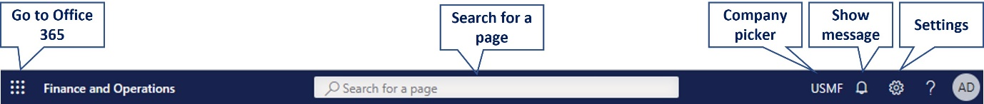 Screenshot of the navigation bar with descriptions of some of the icons: Go to Office 365, Search for a page, Company picker, Show message, and Settings. 