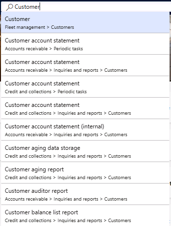 Screenshot of the results of a search for the Customer page in the search box.