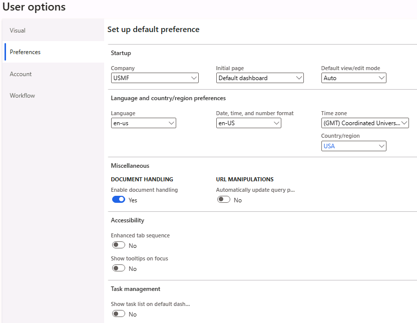 Screenshot of the Preferences tab of the User options page. 