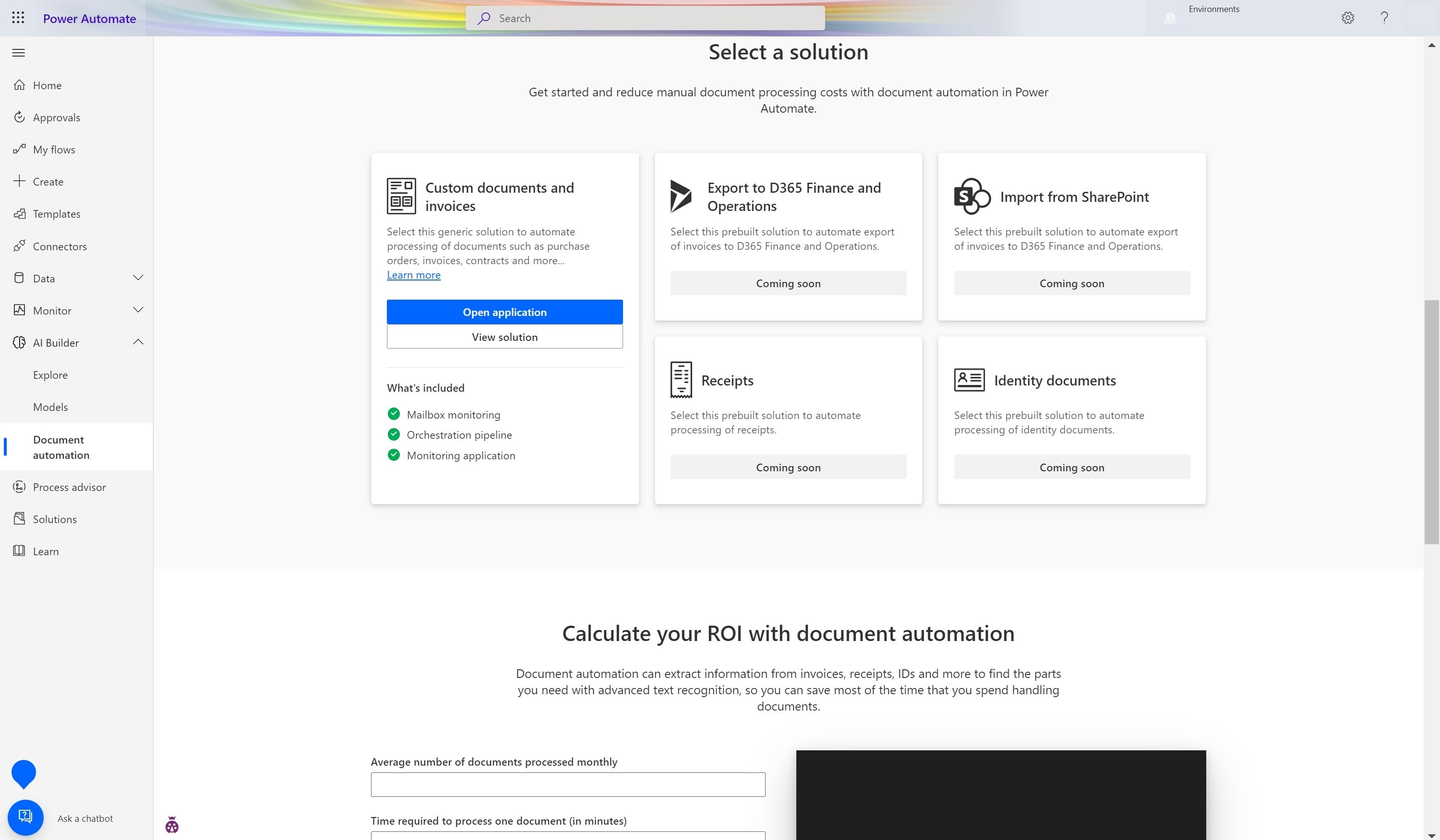 Screenshot of Power Automate Document automation page with the View solution button in the Custom documents section.