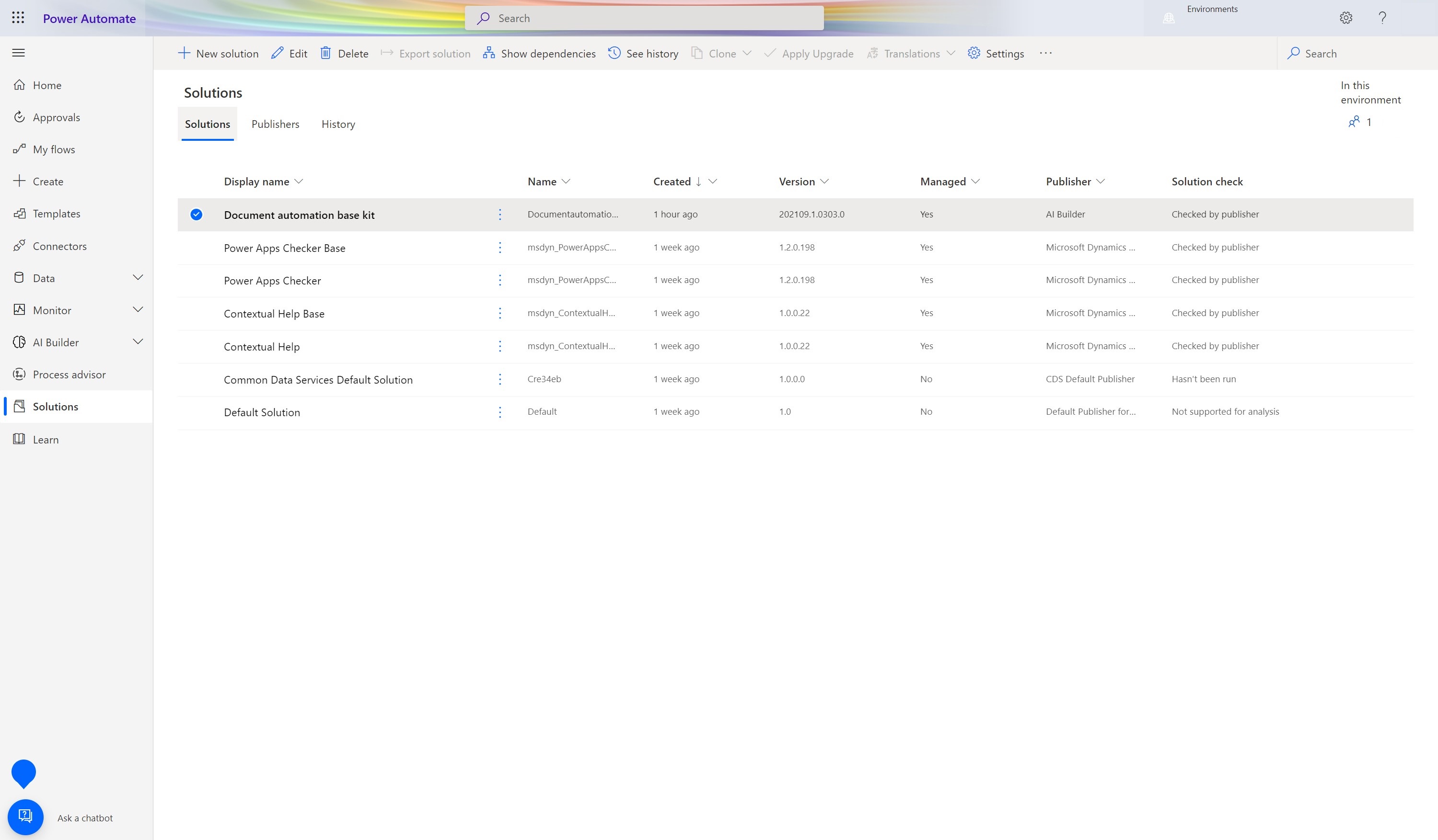 Screenshot of Power Automate Solutions page with the Document automation base kit selected.