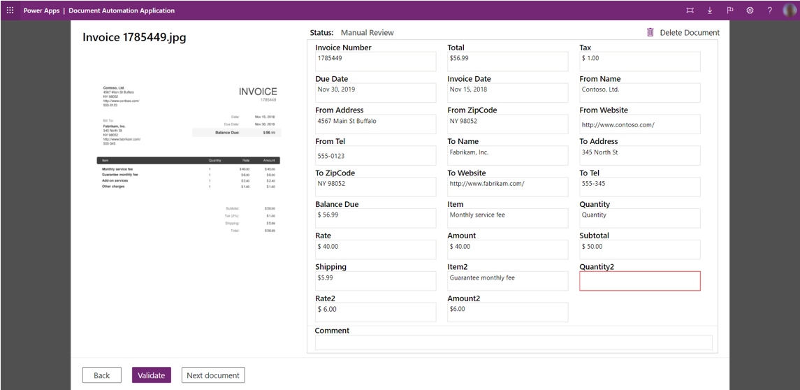 Manual review of invoice image showing extracted data for validation.