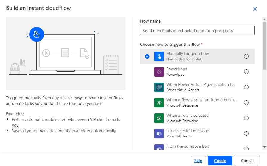 Screenshot of the Build an instant cloud flow dialog with "Manually trigger a flow" selected.
