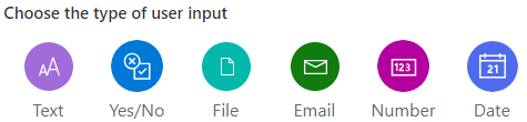 Screenshot of the types of user input: text, yes/no, file, email, number, and date.