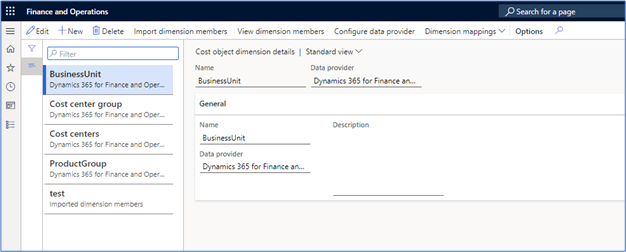 Screenshot of the Cost object dimension details page.