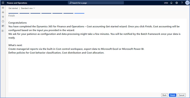 Screenshot of the Cost accounting Get started wizard showing the Congratulations message.